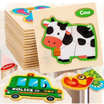 Baby Toy 3D Wooden Puzzle Kids Toy Wood Jigsaw Puzzle Cartoon Animal Vehicle Baby Early Educational Toys for Children Gift - vistoys