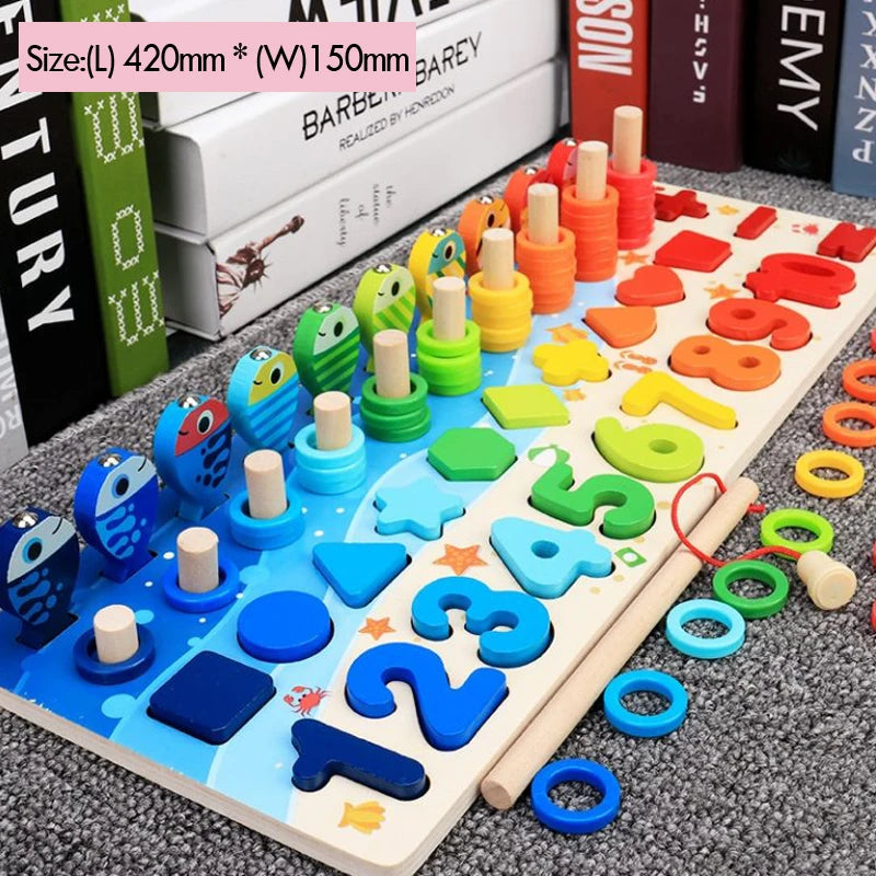 Kids Montessori Math Toys For Toddlers Educational Wooden Puzzle Fishing Toys Count Number Shape Matching Sorter Games Board Toy