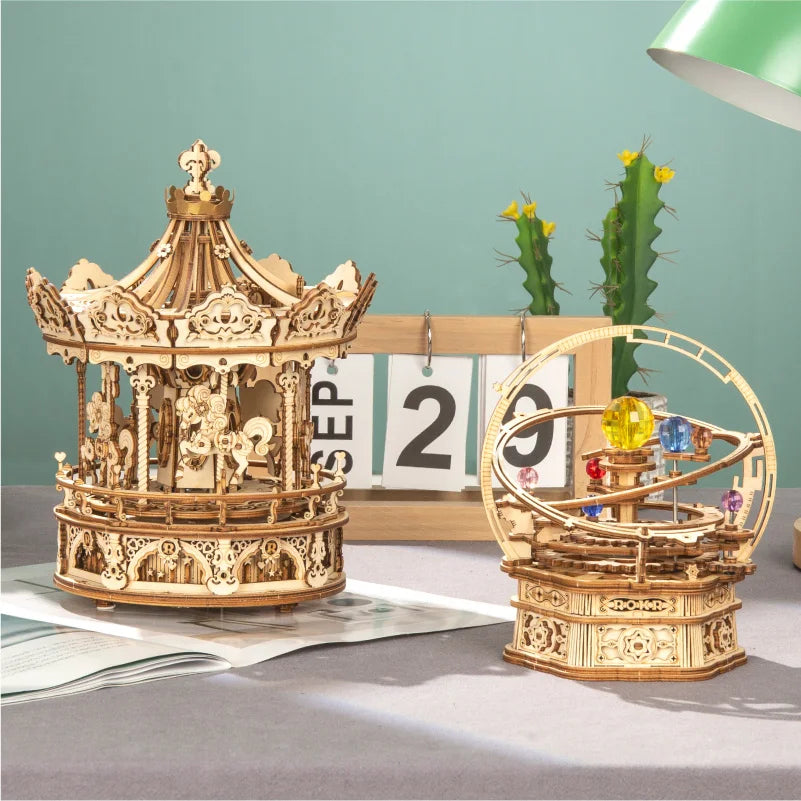 Robotime 3D Wooden Puzzle 336pcs Rotatable DIY Romantic Carousel Game Gift for Children Kids Adult AMK62 Assembly Music Box Toy