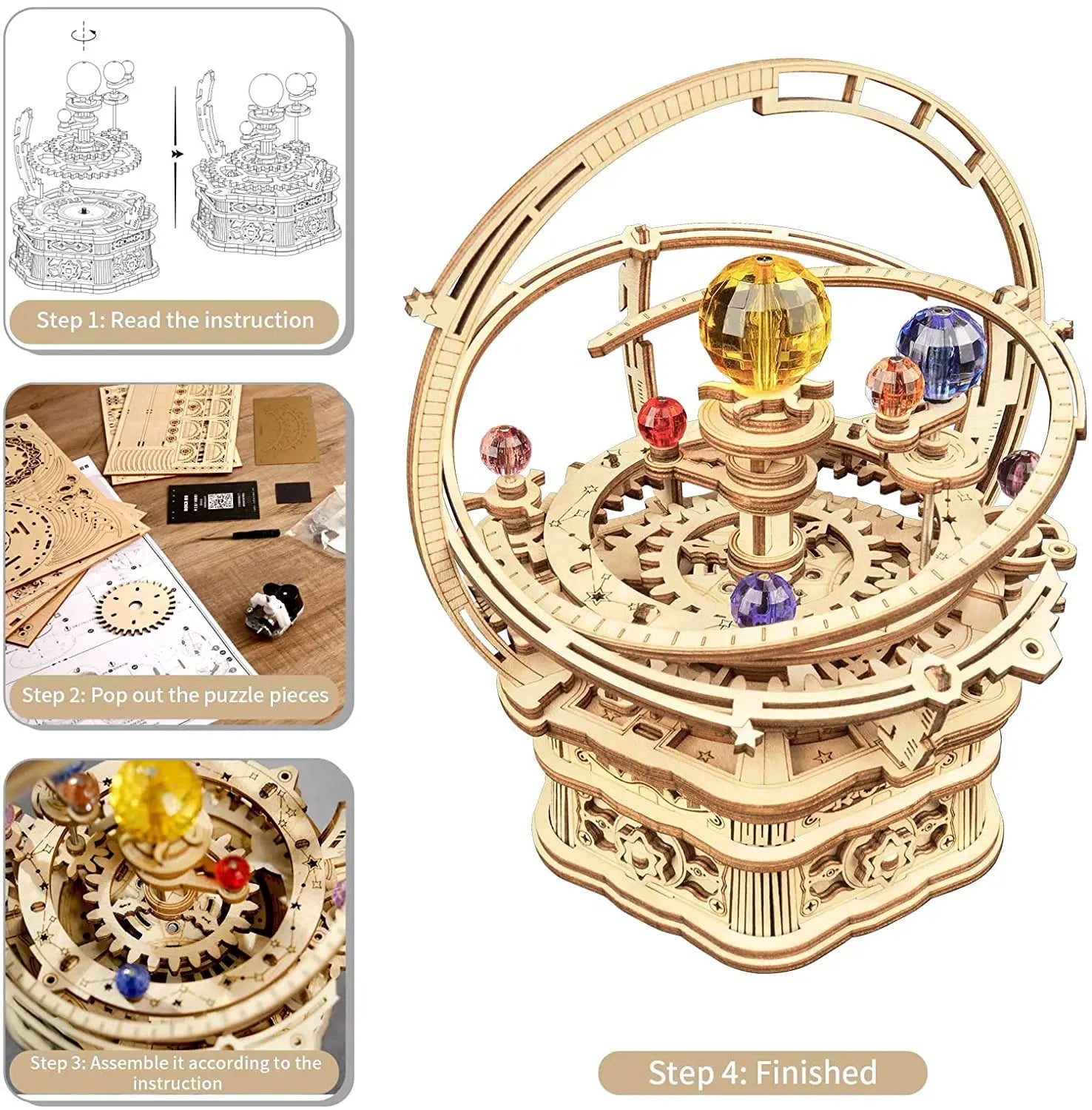 Robotime Rokr 84pcs Rotatable DIY 3D Starry Night Wooden Model Building Kit Block Assembly Music Box Toy Gift for Children Adult