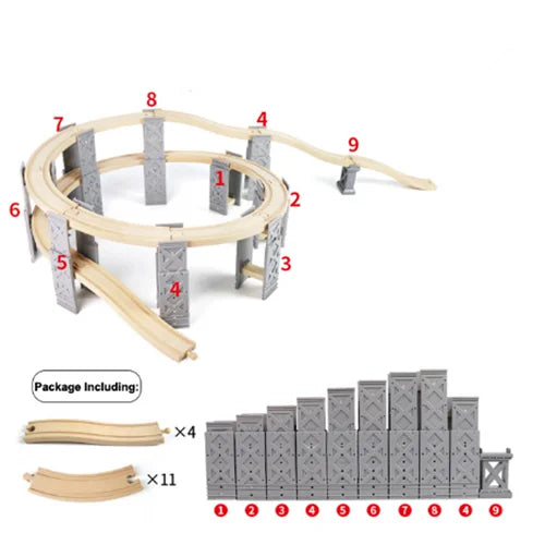 9-26PCS Wood Railway Tracks Accessories Plastic Spiral Wooden Train Tracks with Bridge Piers Educational Toys for Children gift