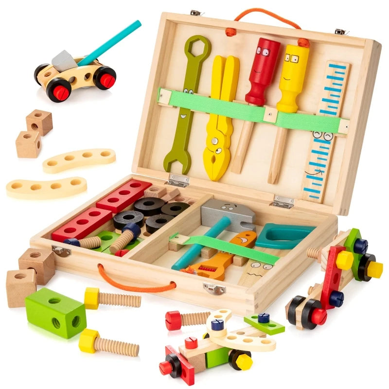 Tool Kit for Kids Wooden Toolbox Pretend Play Set Simulation Repair Nut Disassembly Screw Assembly DIY Building Blocks Toys