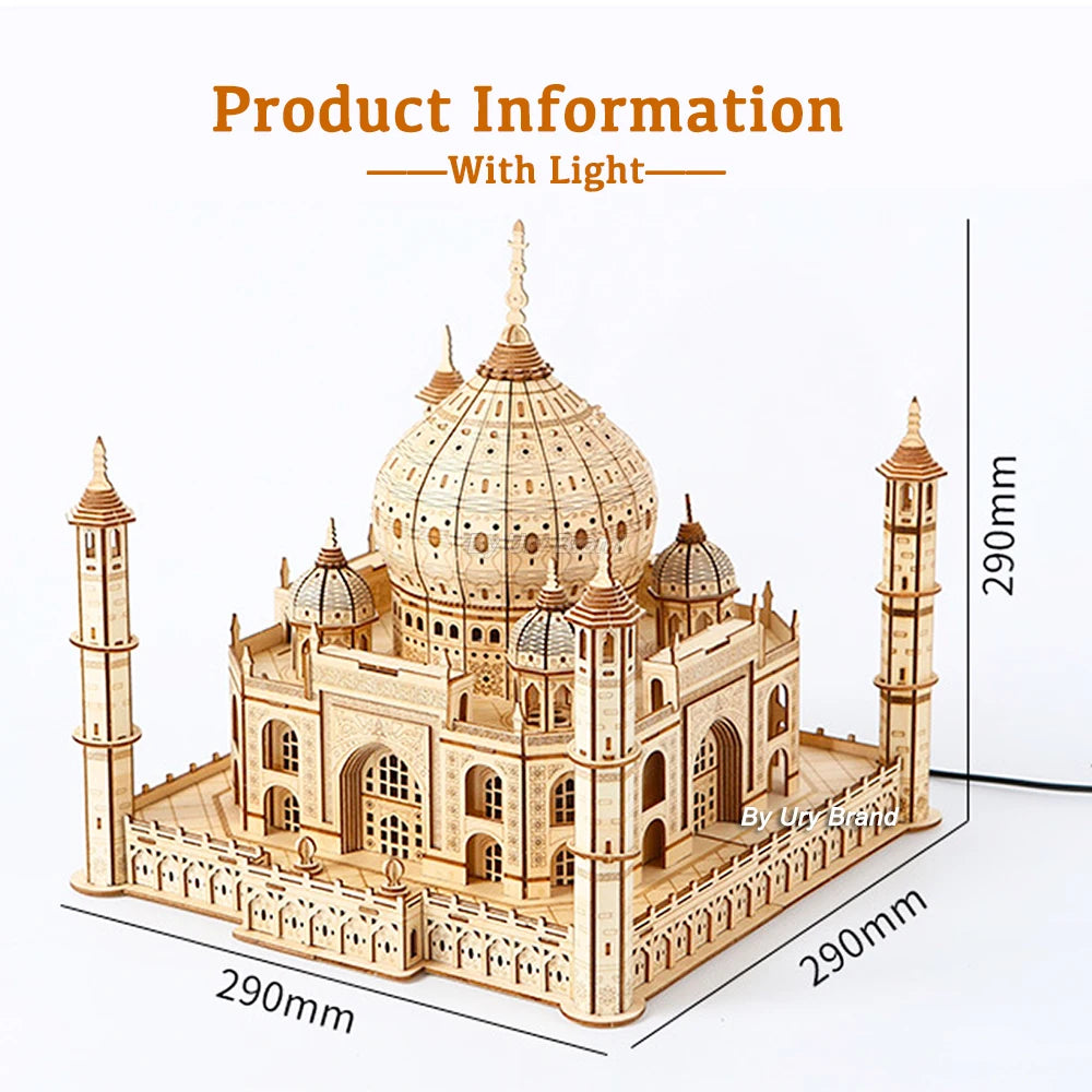 3D Wooden Puzzle House Royal Castle Taj Mahal With Light Assembly Toy For Kids Adult DIY Model Kits Desk Decoration for Gifts