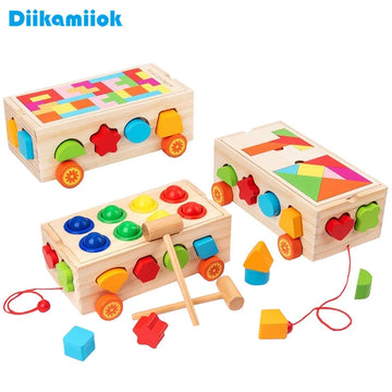 Kids Wooden Building Blocks Cars Baby Montessori Educational Toys Puzzle Drag Car Children Shape and Color Matching Learning Toy