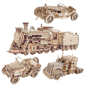 3D Puzzle Movable Steam Train,Car,Jeep Assembly Toy Gift for Children Adult Wooden Model Building Block Kits