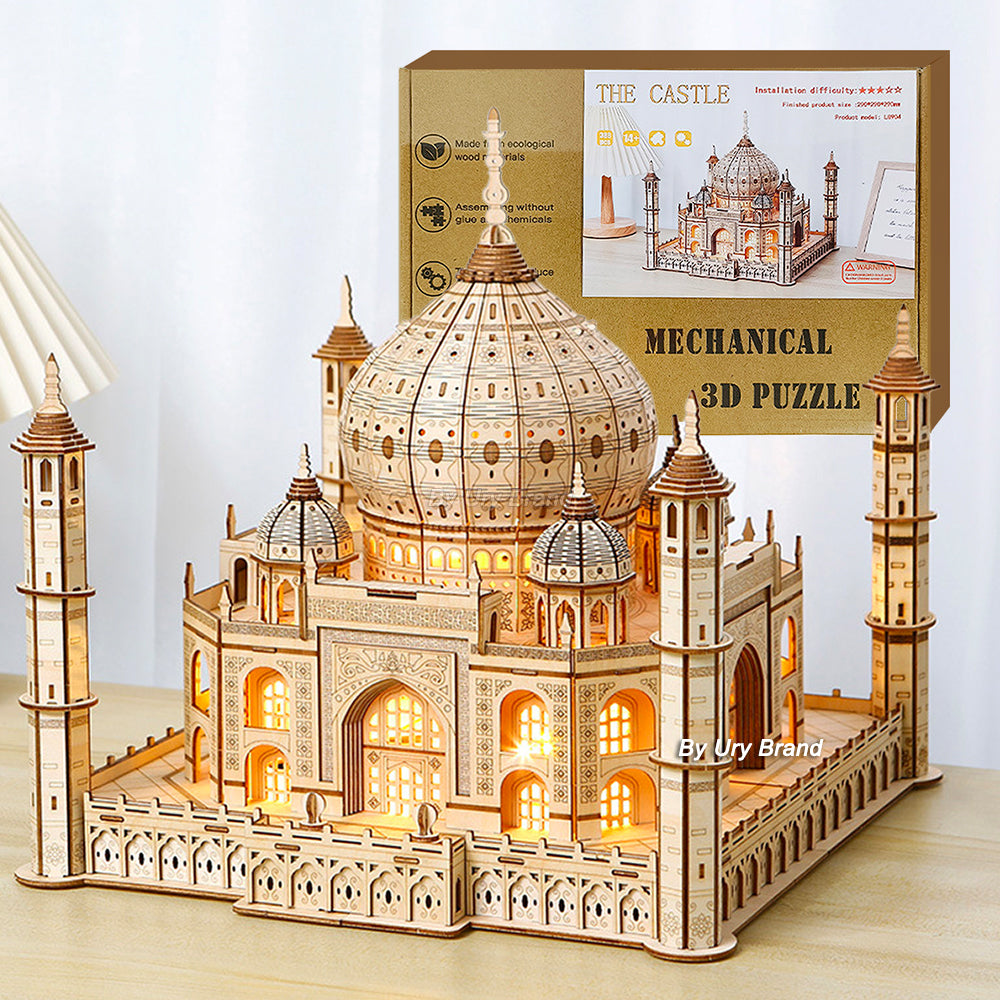 3D Wooden Puzzle House Royal Castle Taj Mahal With Light Assembly Toy For Kids Adult DIY Model Kits Desk Decoration for Gifts