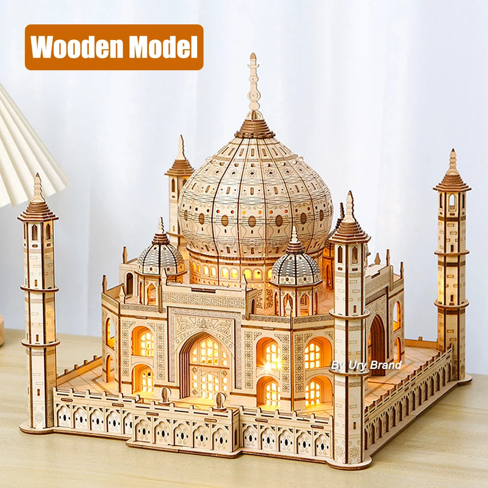 3D Wooden Puzzle House Royal Castle Taj Mahal With Light Assembly Toy For Kids Adult DIY Model Kits Desk Decoration for Gifts