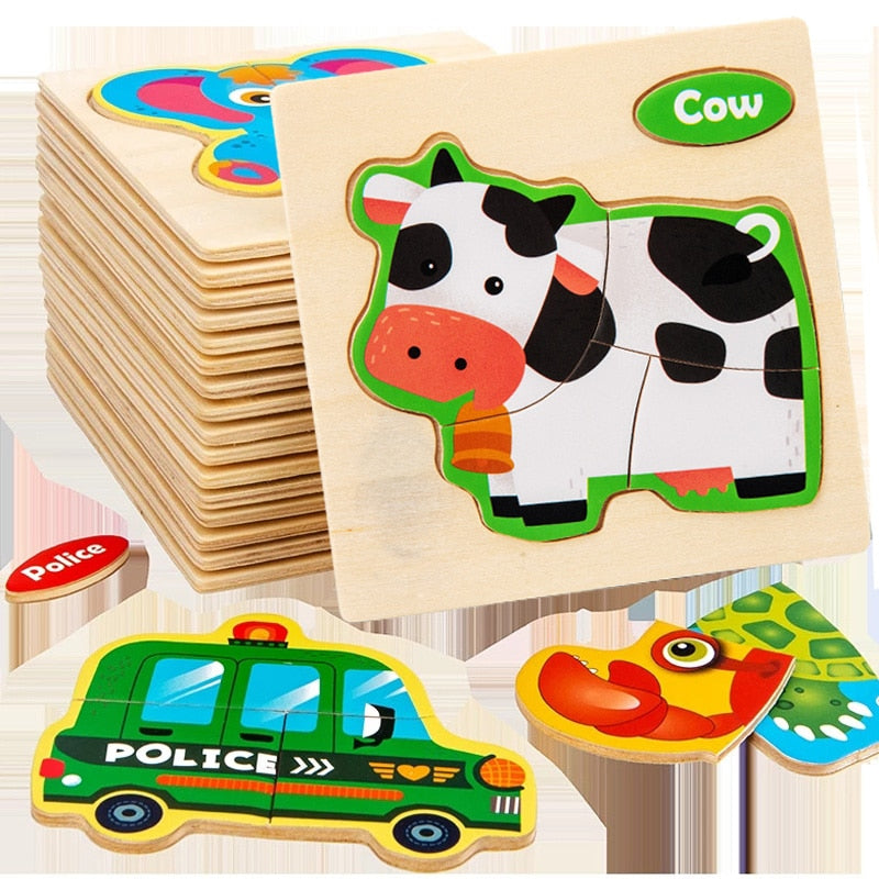 Baby Toy 3D Wooden Puzzle Kids Toy Wood Jigsaw Puzzle Cartoon Animal Vehicle Baby Early Educational Toys for Children Gift - vistoys 